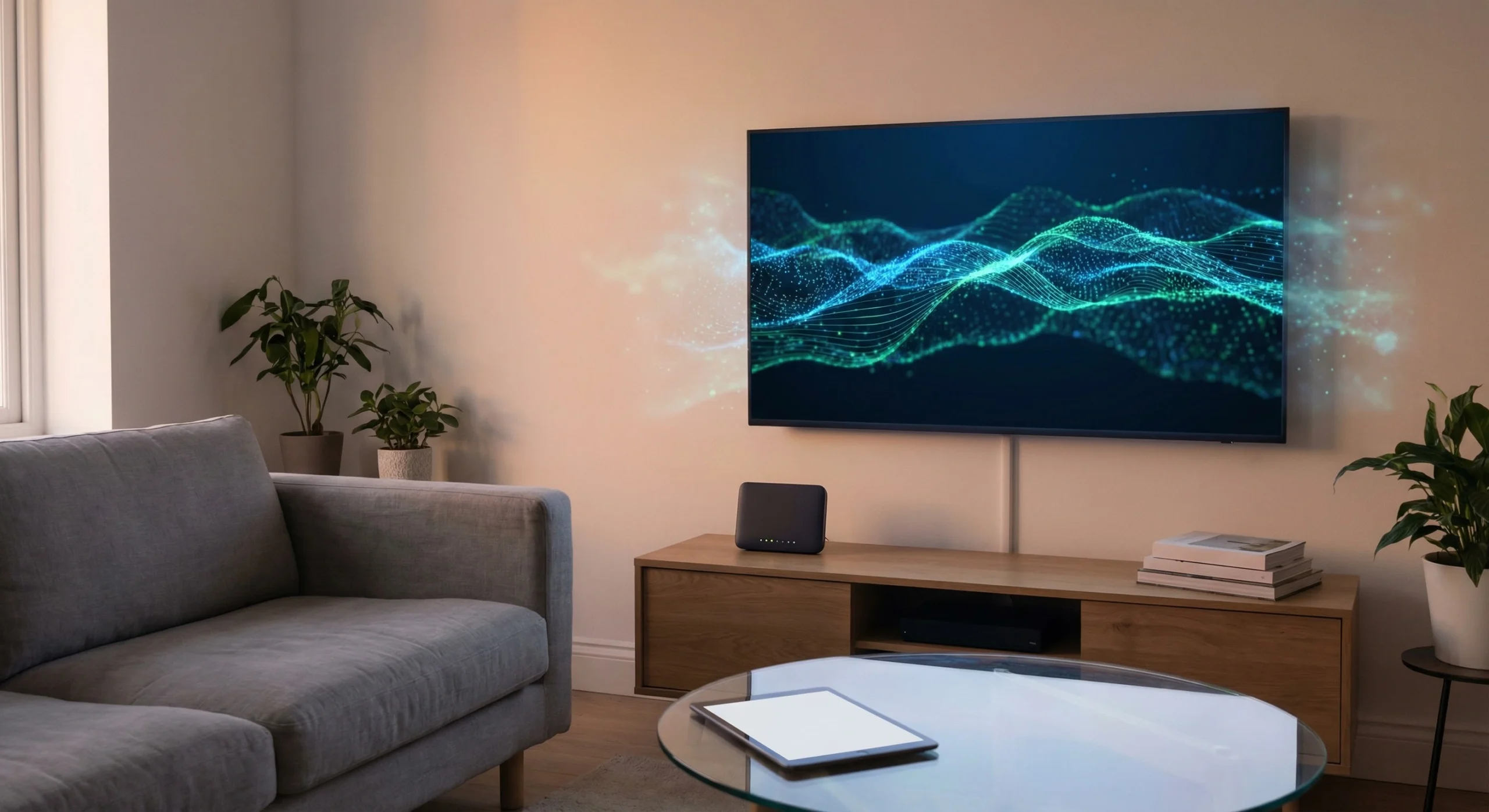 Modern UK living room showing IPTV streaming setup with smart TV and internet connection