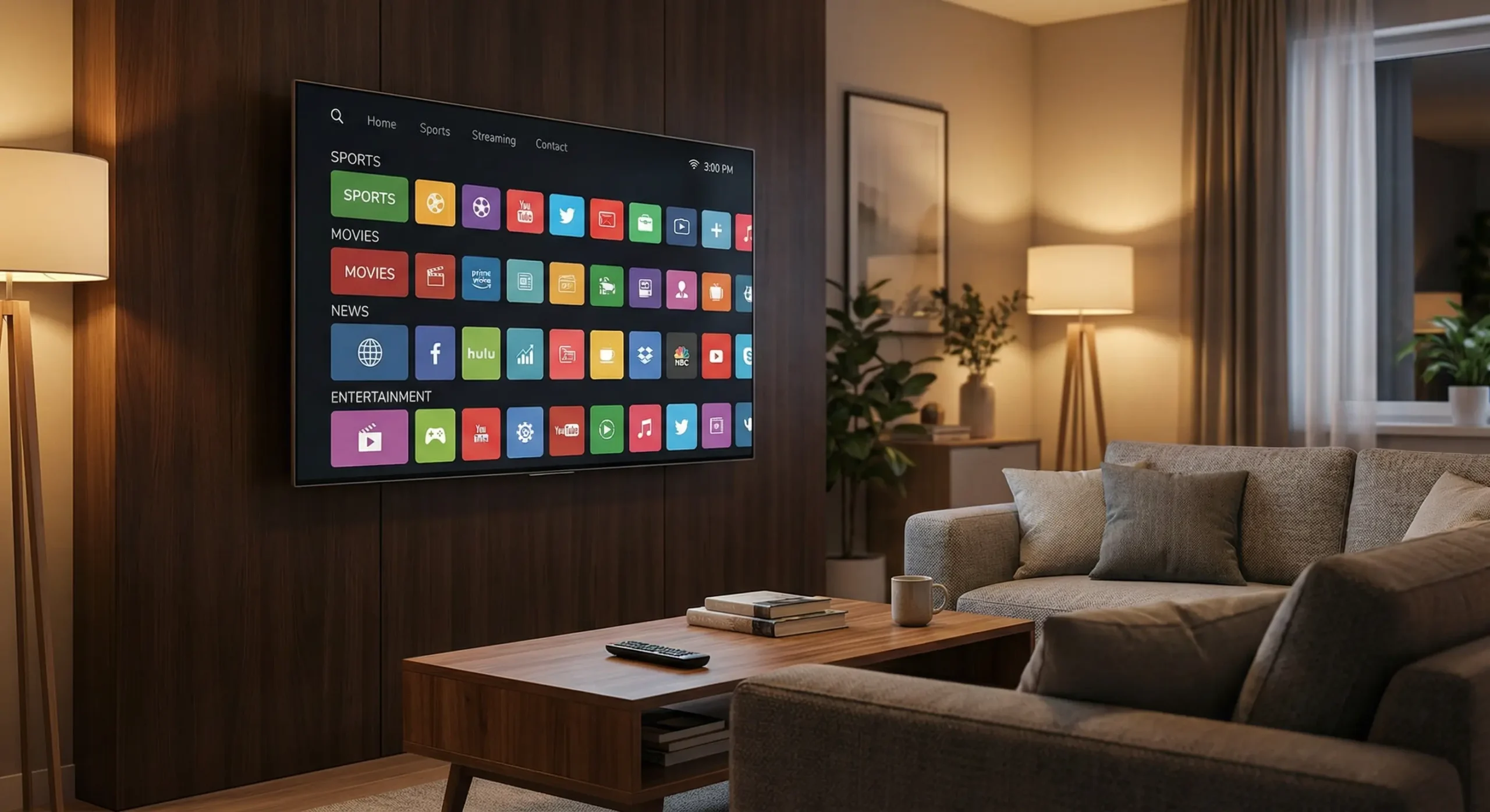 Smart TV interface showing IPTV UK channels list with multiple content categories