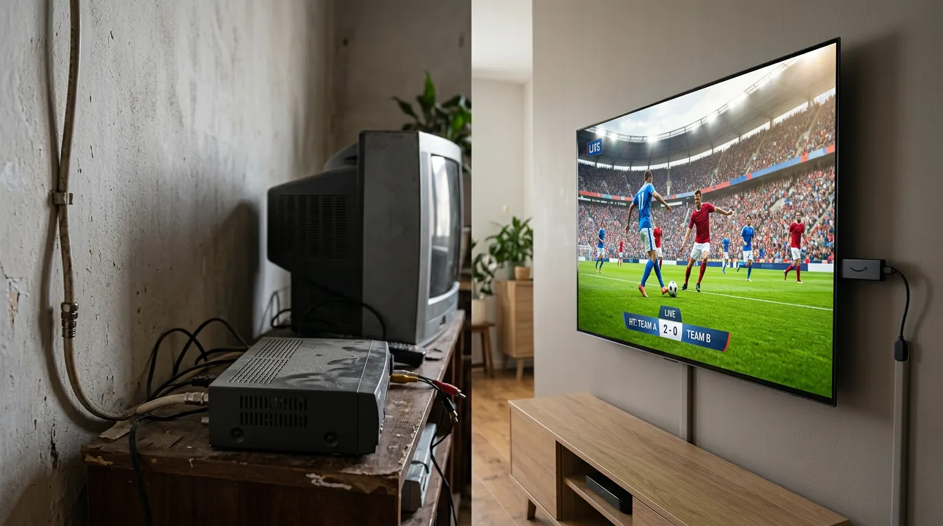 IPTV vs Cable TV UK 2026 – old coaxial cable set-top box versus modern Firestick streaming live football