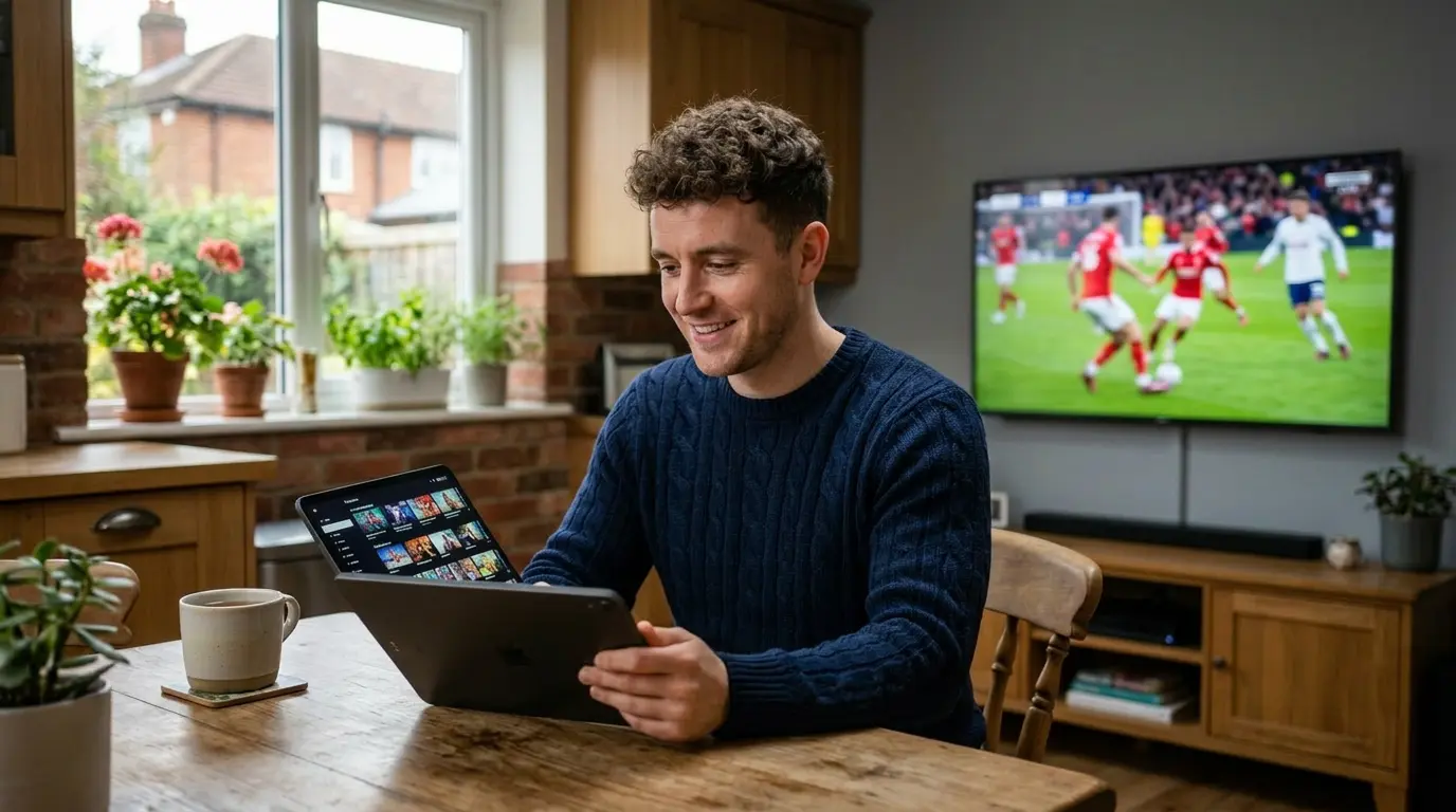 Beginner learning what IPTV is on a tablet in a UK home with World Cup football on TV in background