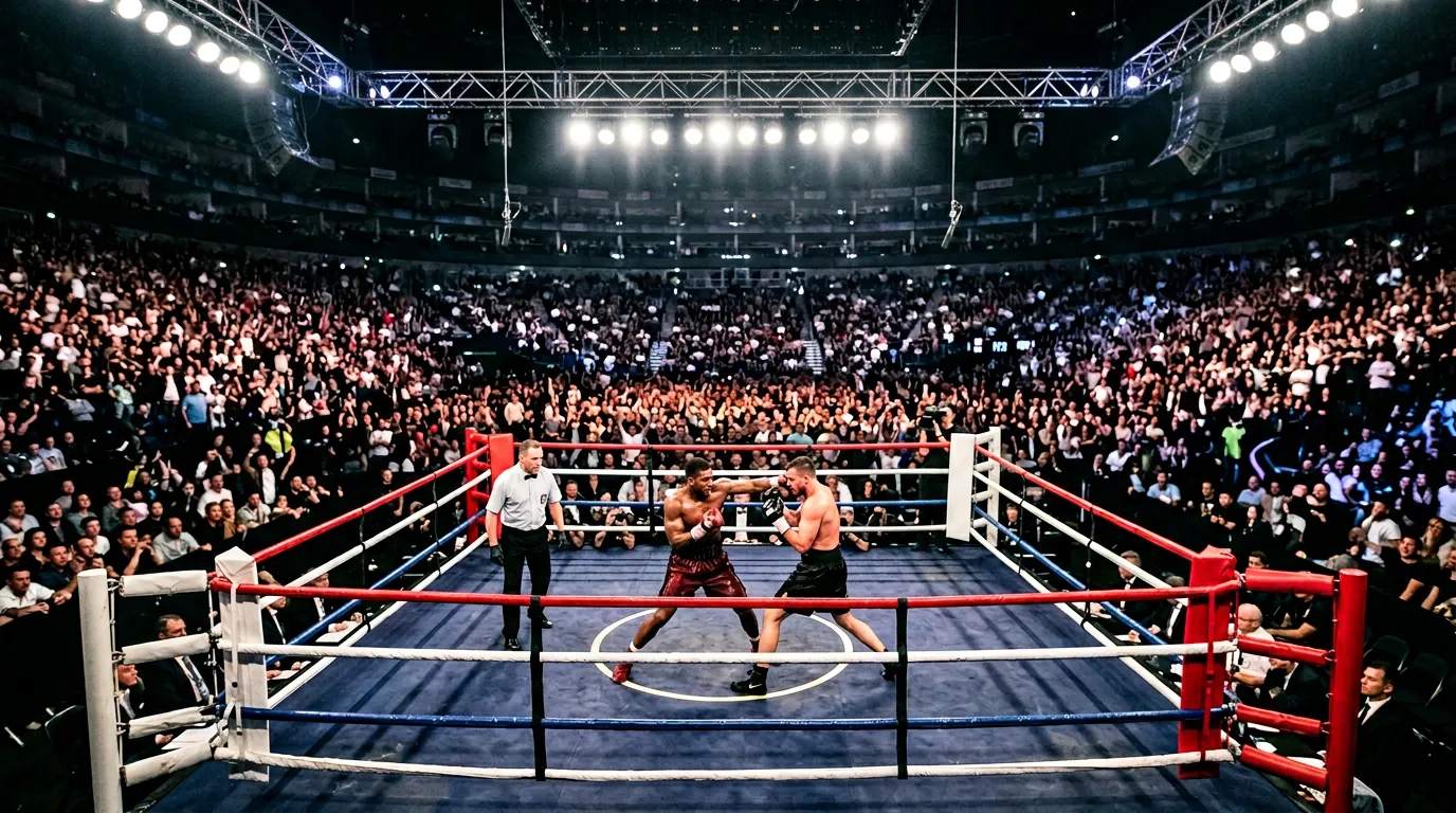 IPTV boxing UK 2026 – dramatic boxing match with crowd visible watching fight on IPTV in UK living room