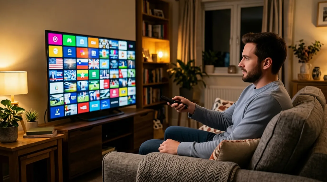 New to IPTV UK 2026 – beginner holding Firestick remote looking at channel grid on TV